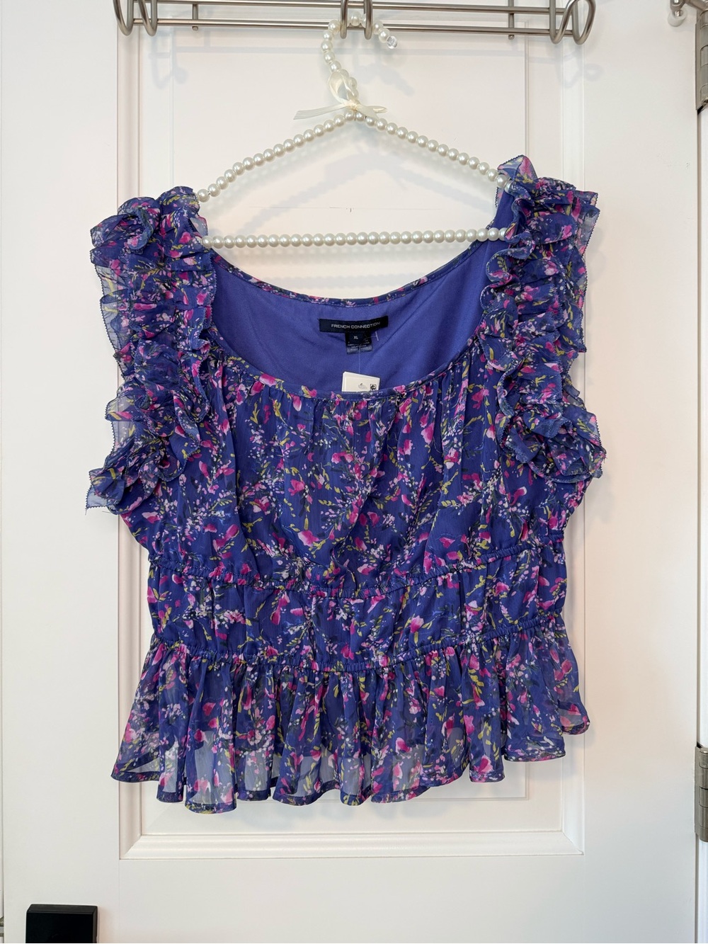 French Connection NWT Purple Floral Ruffled Sleeveless Blouse XL
